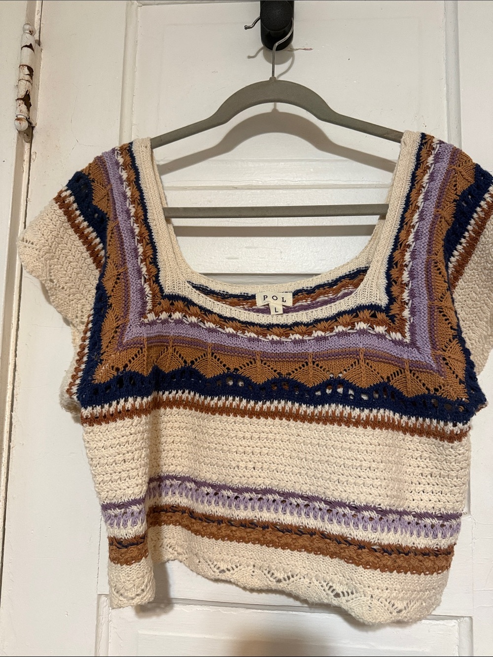 POL Cropped Crew Sweater in Cream with Navy, Brown & Lavender Stripes